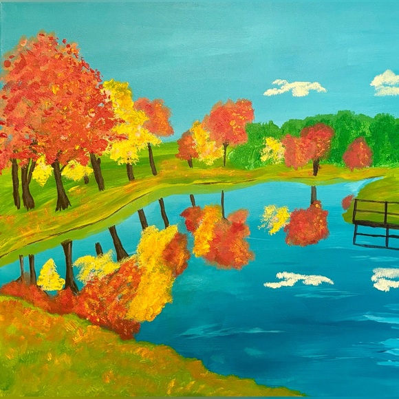 20 x 16 Fall autumn original canvas landscape colorfol painting by artist - Picture 1 of 8